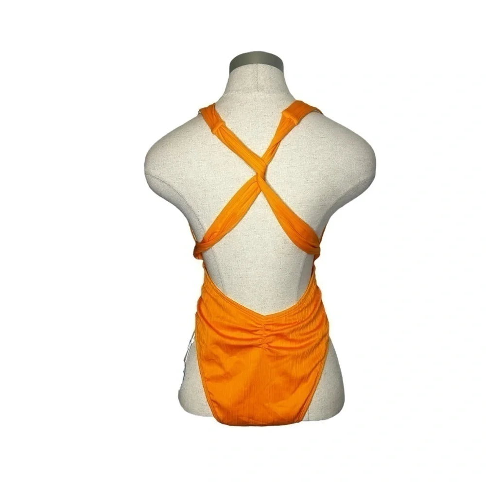 Cupshe Orange Retro Rib Surplice Sash Texture Belt One Piece Swimsuit Sz Medium